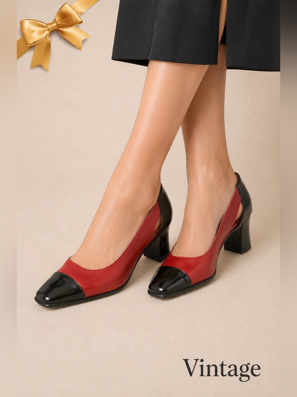 Caressa Vintage Red Black Leather Cap Toe Pumps Size 7.5